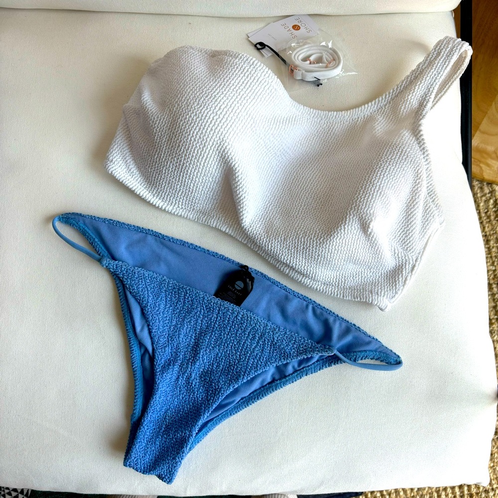 Crinkle one shoulder bikini set blue and white bathing suit
